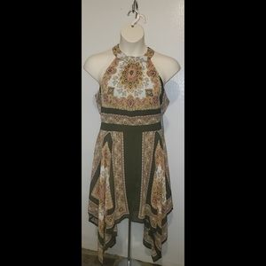 Green and Pink Paisley Mock Neck Dress